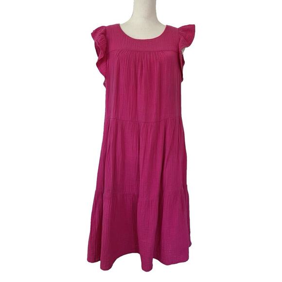 J Crew Tiered Mini Flutter Sleeve Gauze Dress Size 10 Mageneta Pink Resort Vacay - Picture 1 of 8